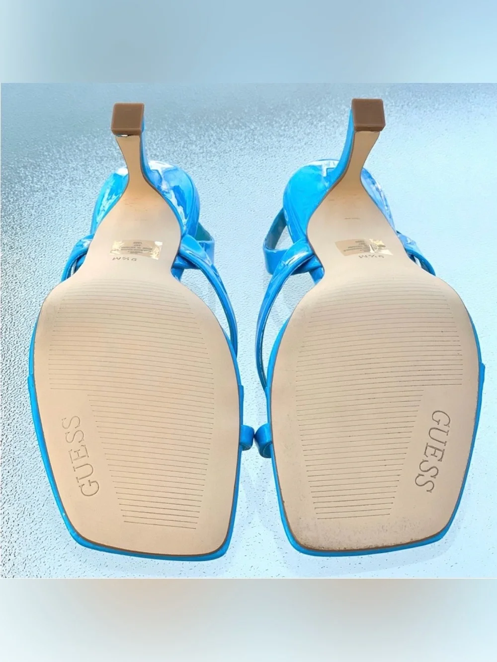 GUESS Saily High Gloss Bright Blue Crisscross Strappy High Heel Sandals 9.5 M